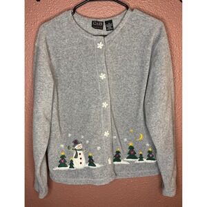 Vintage Croft & Barrow Womens Gray Snowman Christmas Snowflake Fleece Cardigan M